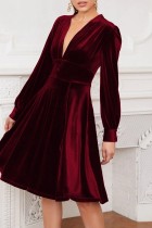 Burgundy Casual Solid Patchwork V Neck Long Sleeve Dresses