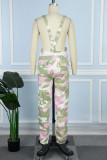 Розовые повседневные бинты с камуфляжным принтом и пуговицами в стиле пэчворк, стандартные штаны с высокой талией и полным принтом