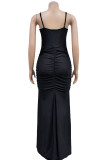 Black Sexy Solid See-through Backless Slit Spaghetti Strap Long Dress Dresses