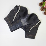 Cowboy noir Sexy solide Patchwork dos nu perles strass Spaghetti sangle hauts