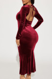 Burgundy Celebrities Solid Hollowed Out Patchwork Asymmetrical Collar Trumpet Mermaid Dresses