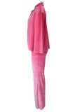 Ensemble trois pièces rose décontracté uni avec gilet et pantalon à manches longues