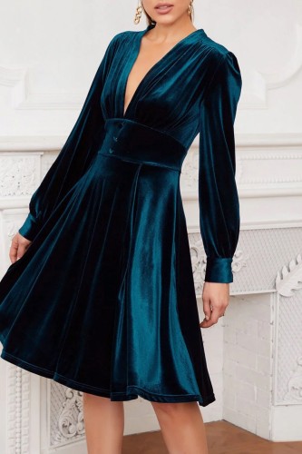 Navy Blue Casual Solid Patchwork V Neck Long Sleeve Dresses