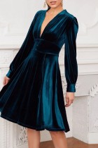 Темно-синие повседневные однотонные лоскутные платья с V-образным вырезом и длинными рукавами