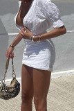 Weiße, sexy, solide Patchwork-Kleider mit V-Ausschnitt und kurzen Ärmeln
