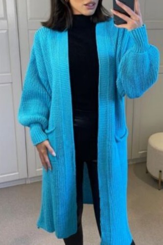 Blue Casual Cardigan Long Sleeve Longline Knitted Sweater Jackets