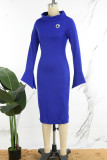 Robes jupe enveloppée à col rond et fermeture éclair, couleur unie, bleu Royal, élégantes (avec une broche)