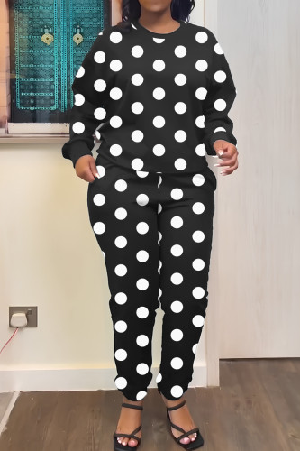 Black Casual Print Basic O Neck Long Sleeve Two Pieces