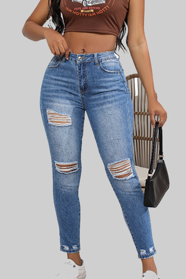 Blauwe sexy effen gescheurde patchwork zakknopen rits lage taille skinny denim jeans