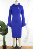 Королевские синие элегантные однотонные лоскутные платья-юбки с круглым вырезом и застежкой-молнией (с брошью)