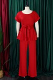 Red Casual Solid Basic With Belt O Neck Plus Size Two Pieces