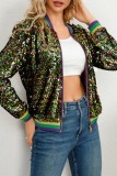 Multicolor Casual Patchwork Sequins Zipper Collar Outerwear