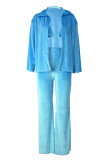 Céu azul casual sólido cardigan coletes calças manga longa conjunto de três peças