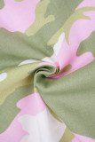 Roze casual camouflageprint bandage patchwork knopen normale hoge taille volledige printbroek