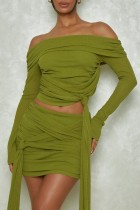 Vert sexy solide patchwork épaule dénudée manches longues deux pièces