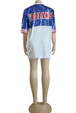 Blue White Casual Letter Patchwork O Neck Straight Dresses