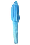 Bleu ciel décontracté solide Cardigan gilets pantalons à manches longues ensemble trois pièces