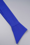 Koningsblauwe elegante effen patchwork rits O-hals gewikkelde rokjurken (met een broche)