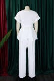 White Casual Solid Basic With Belt O Neck Plus Size Two Pieces