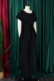 Black Casual Solid Basic With Belt O Neck Plus Size Two Pieces