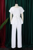 White Casual Solid Basic With Belt O Neck Plus Size Two Pieces