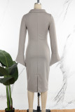 Vestidos de saia enrolada cinza claro elegante sólido patchwork com zíper e gola redonda (com broche)