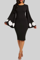 Zwarte casual stippenprint Basic O-hals jurken met lange mouwen