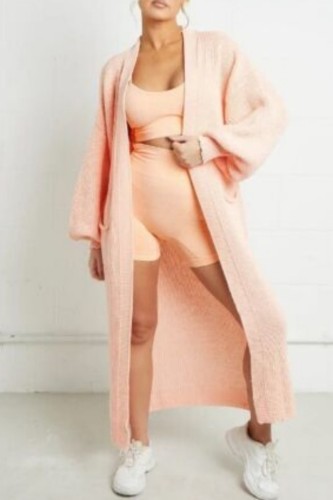 Coral Powder Casual Cardigan Long Sleeve Longline Knitted Sweater Jackets