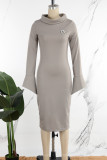 Vestidos de saia enrolada cinza claro elegante sólido patchwork com zíper e gola redonda (com broche)