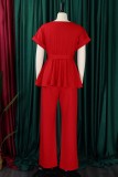 Red Casual Solid Basic With Belt O Neck Plus Size Two Pieces