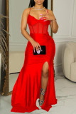 Красные сексуальные однотонные прозрачные длинные платья с разрезом на спагетти и открытой спиной