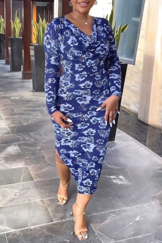 Blue Casual Print Slit V Neck Long Sleeve Dresses