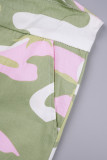 Pink Casual Camouflage Print Bandage Patchwork Buttons Regular High Waist Full Print Bottoms