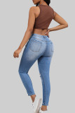 Azul sexy sólido rasgado retalhos bolso botões zíper cintura baixa jeans skinny