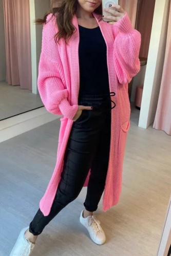 Rose Pink Casual Cardigan Long Sleeve Longline Knitted Sweater Jackets