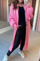 Rose Pink Casual Solid Cardigan Outerwear