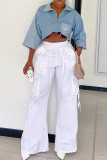 White Casual Solid Patchwork Draw String Pocket Cross Straps Straight High Waist Straight Solid Color Bottoms