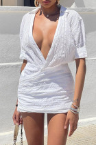 ホワイト セクシー ソリッド パッチワーク V ネック半袖ドレス ドレス