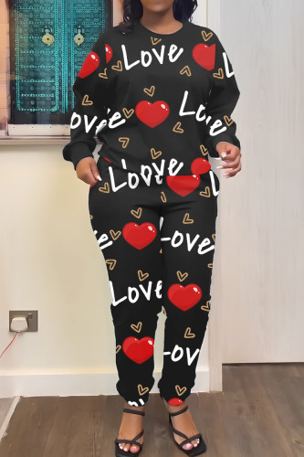 Black Red Casual Print Basic O Neck Long Sleeve Two Pieces