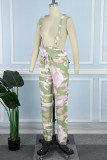 Pantalones casuales con estampado de camuflaje y botones de patchwork cintura alta regular con estampado completo rosa