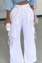 Blanco Casual de parches lisos dibujar cordón bolsillo correas cruzadas recto cintura alta recto pantalones de color sólido