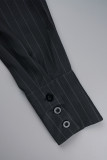 Nero sexy a righe patchwork tasca fibbia colletto turndown manica lunga due pezzi