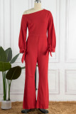 Rode casual elegante effen patchwork schuine kraag plus size jumpsuits