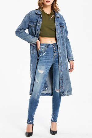 Blue Casual Solid Patchwork Turndown Collar Long Sleeve Regular Long Cardigan Denim Jacket