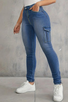 Blue Casual Solid Patchwork High Waist Skinny Denim Jeans