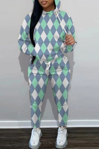 Blue Sportwear Casual Plaid Print Hooded Collar Long Sleeve Sweatshirt And Draw String Pants Two Pieces Sweatsuit Sets