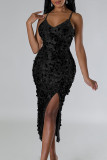黒のセクシーなエレガントなソリッドスパンコールパッチワーク高開口部ジッパースパゲッティストラップイブニングドレスドレス