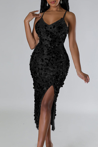 Zwarte sexy elegante effen pailletten patchwork hoge opening rits spaghetti avondjurk jurken