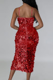 Rote sexy elegante feste Pailletten Patchwork hohe Öffnung Reißverschluss Spaghettiträger Abendkleid Kleider
