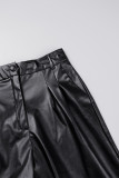 Pantalon décontracté noir uni, Patchwork, taille haute, droit, couleur unie